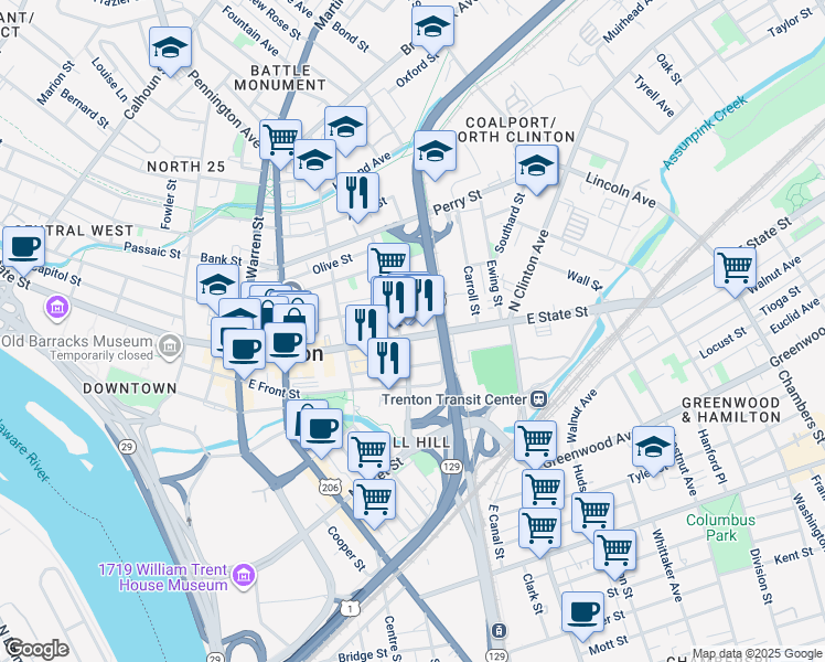 map of restaurants, bars, coffee shops, grocery stores, and more near 312 East State Street in Trenton