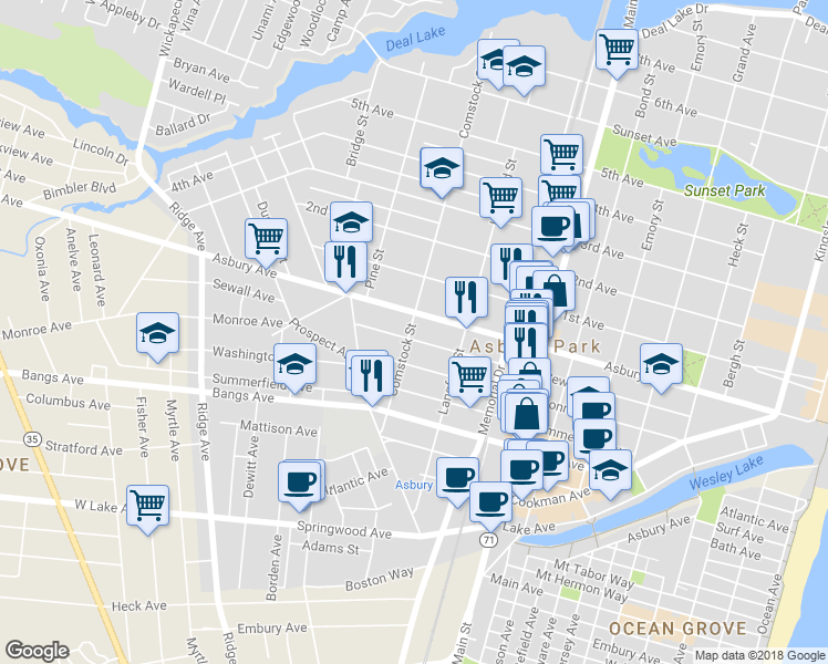 map of restaurants, bars, coffee shops, grocery stores, and more near 1037 Sewall Avenue in Asbury Park