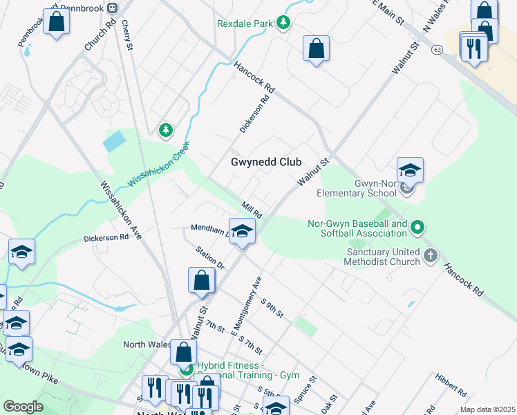 map of restaurants, bars, coffee shops, grocery stores, and more near 218 Arbour Court in North Wales