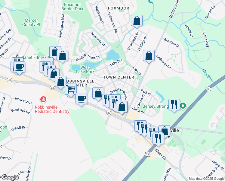map of restaurants, bars, coffee shops, grocery stores, and more near 168 Burnet Crescent in Robbinsville