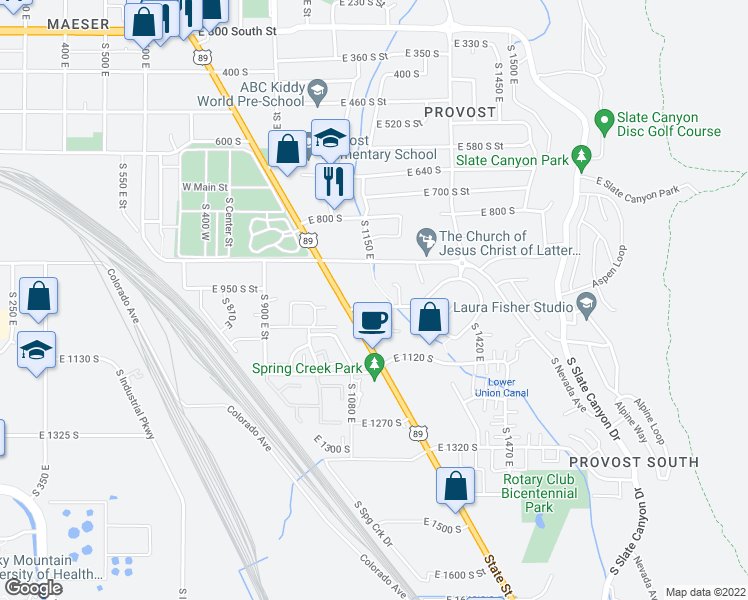 map of restaurants, bars, coffee shops, grocery stores, and more near 1123 East 960 South in Provo