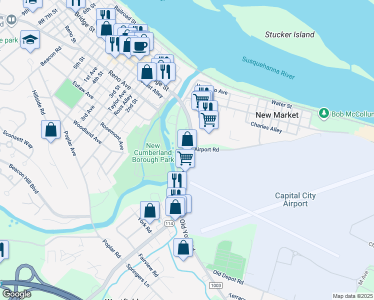 map of restaurants, bars, coffee shops, grocery stores, and more near 107 Old York Road in New Cumberland