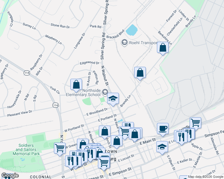 map of restaurants, bars, coffee shops, grocery stores, and more near 803 North Walnut Street in Mechanicsburg