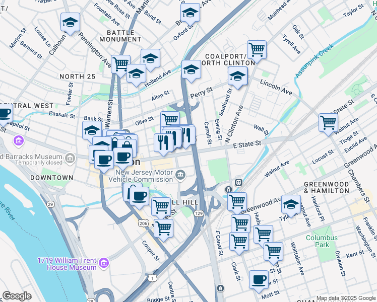 map of restaurants, bars, coffee shops, grocery stores, and more near 334 East State Street in Trenton