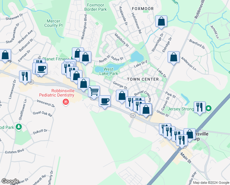 map of restaurants, bars, coffee shops, grocery stores, and more near 1116 Lake Drive in Trenton