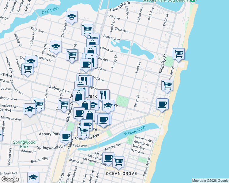 map of restaurants, bars, coffee shops, grocery stores, and more near 905 Grand Avenue in Asbury Park