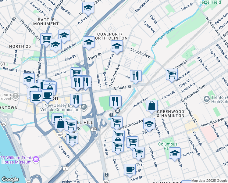 map of restaurants, bars, coffee shops, grocery stores, and more near 501 East State Street in Trenton