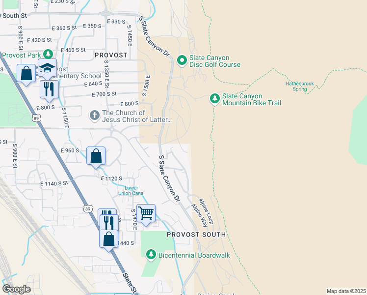 map of restaurants, bars, coffee shops, grocery stores, and more near 1027 South Aspen Place in Provo