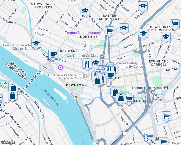 map of restaurants, bars, coffee shops, grocery stores, and more near 50 West State Street in Trenton