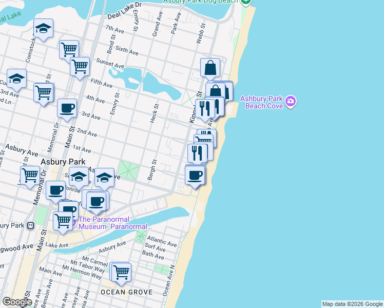 map of restaurants, bars, coffee shops, grocery stores, and more near 105 2nd Avenue in Asbury Park