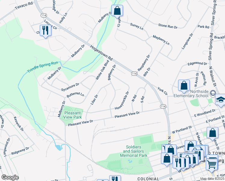 map of restaurants, bars, coffee shops, grocery stores, and more near 36 Bayberry Drive in Mechanicsburg