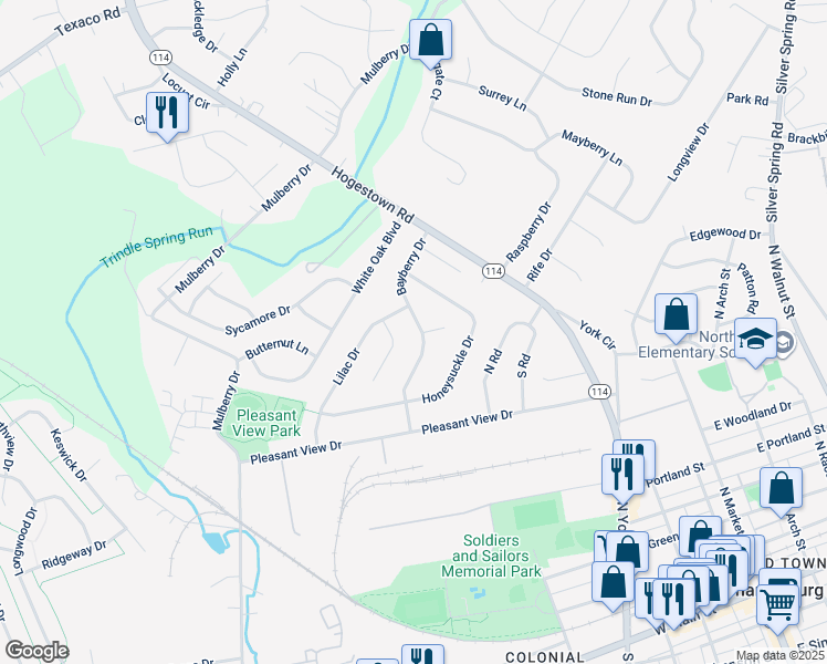 map of restaurants, bars, coffee shops, grocery stores, and more near 36 Bayberry Drive in Mechanicsburg
