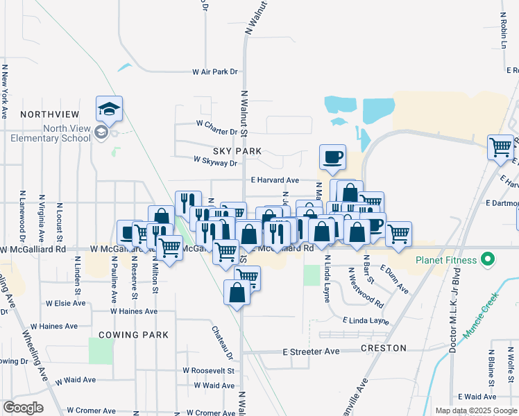 map of restaurants, bars, coffee shops, grocery stores, and more near 110 East Berkley Avenue in Muncie
