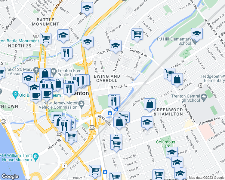 map of restaurants, bars, coffee shops, grocery stores, and more near 501 East State Street in Trenton