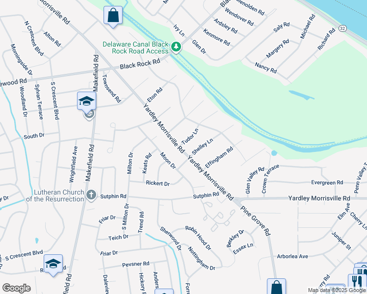 map of restaurants, bars, coffee shops, grocery stores, and more near 1682 Coolidge Way in Yardley