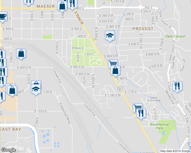 map of restaurants, bars, coffee shops, grocery stores, and more near 945 East 1000 South in Provo