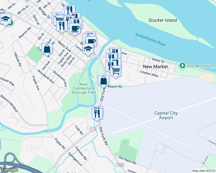 map of restaurants, bars, coffee shops, grocery stores, and more near Airport Road in New Cumberland