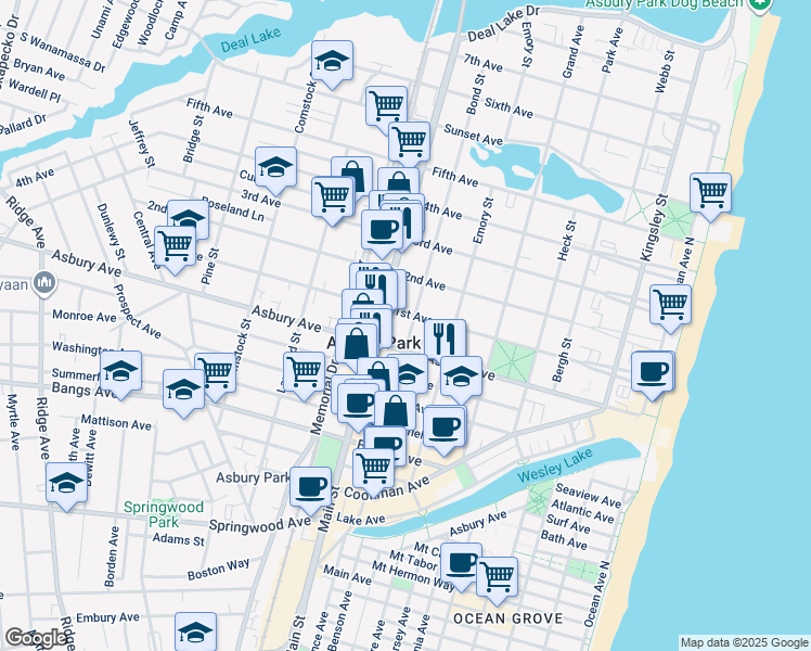 map of restaurants, bars, coffee shops, grocery stores, and more near 614 1st Avenue in Asbury Park