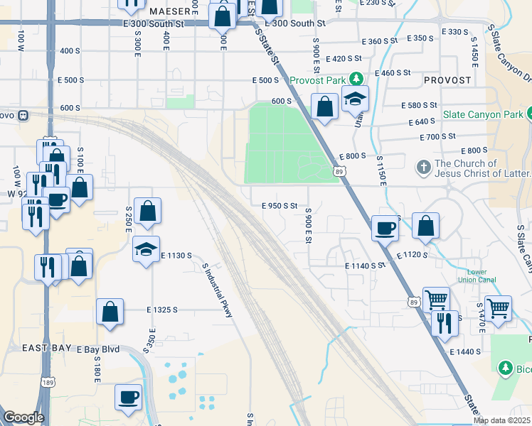 map of restaurants, bars, coffee shops, grocery stores, and more near 774 East 950 South Street in Provo