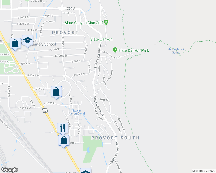 map of restaurants, bars, coffee shops, grocery stores, and more near 1027 South Aspen Place in Provo