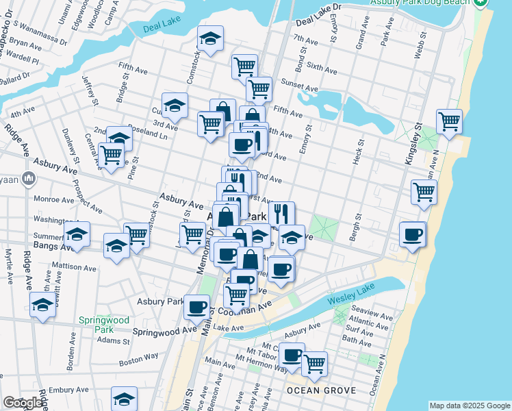 map of restaurants, bars, coffee shops, grocery stores, and more near 614 1st Avenue in Asbury Park