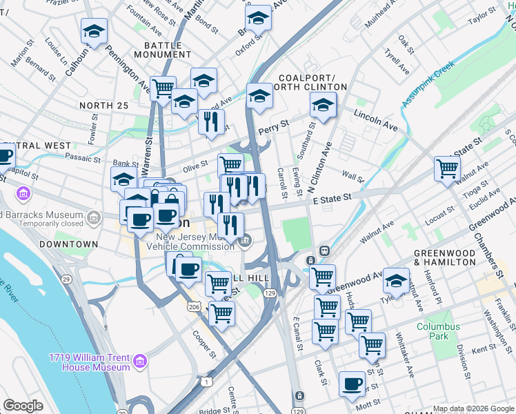 map of restaurants, bars, coffee shops, grocery stores, and more near 334 East State Street in Trenton