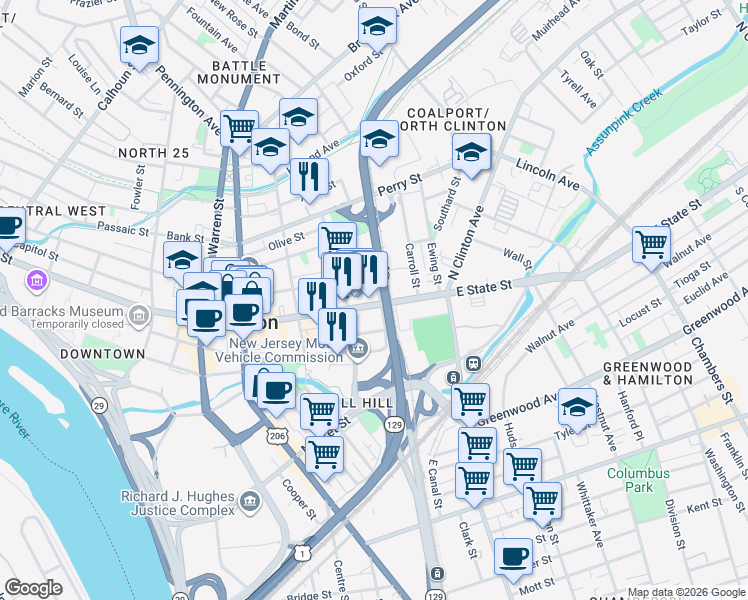 map of restaurants, bars, coffee shops, grocery stores, and more near 334 East State Street in Trenton