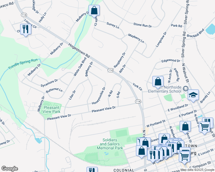map of restaurants, bars, coffee shops, grocery stores, and more near 29 Honeysuckle Dr in Mechanicsburg
