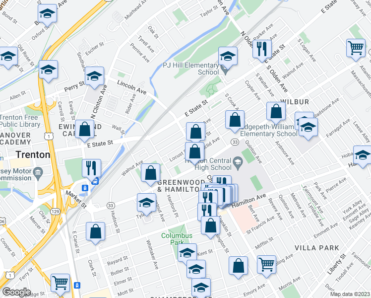 map of restaurants, bars, coffee shops, grocery stores, and more near 188 Locust Street in Trenton