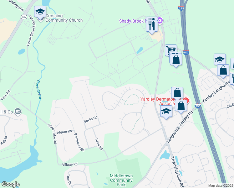 map of restaurants, bars, coffee shops, grocery stores, and more near 381 Shady Brook Drive in Langhorne