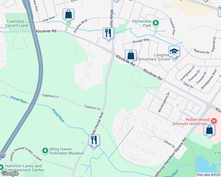 map of restaurants, bars, coffee shops, grocery stores, and more near 1675 Whitehorse Mercerville Road in Hamilton Township