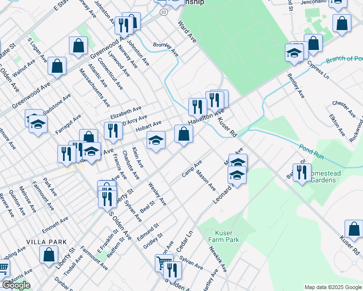map of restaurants, bars, coffee shops, grocery stores, and more near 2538 Liberty Street in Trenton