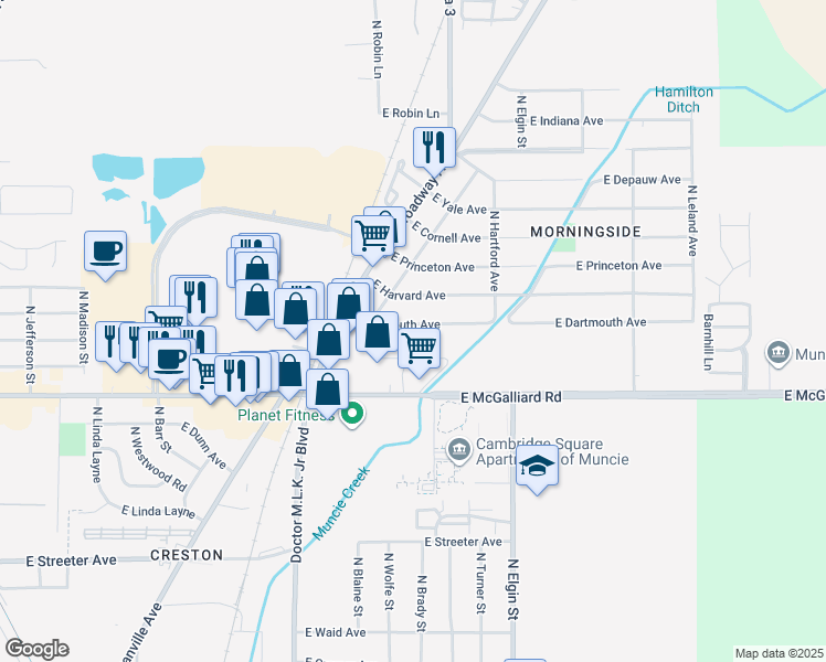 map of restaurants, bars, coffee shops, grocery stores, and more near 1527 East Dartmouth Avenue in Muncie