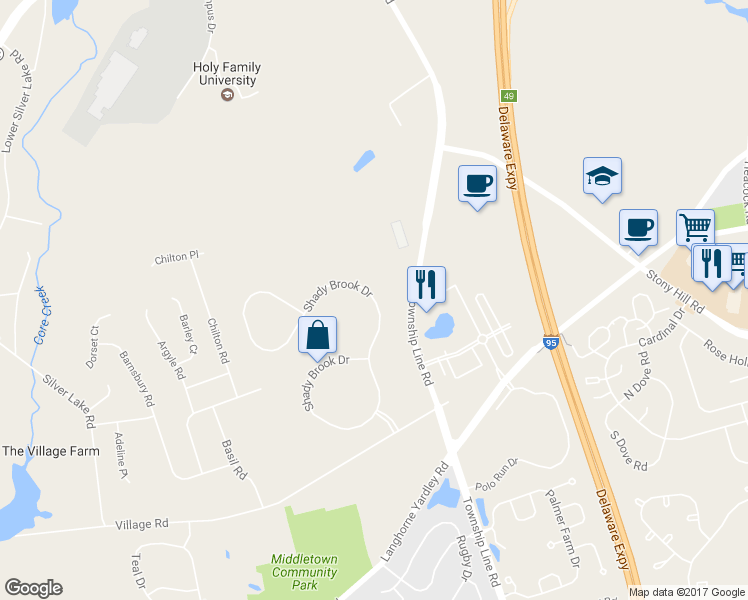 map of restaurants, bars, coffee shops, grocery stores, and more near 165 Shady Brook Drive in Langhorne
