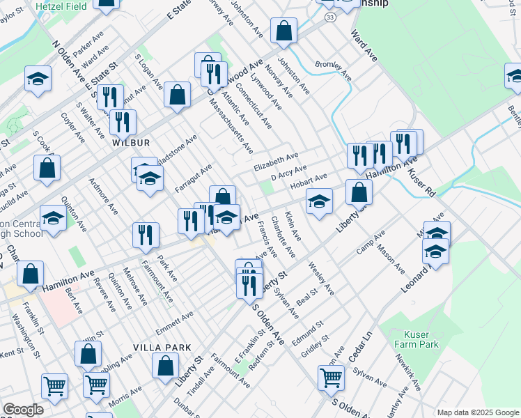 map of restaurants, bars, coffee shops, grocery stores, and more near 1326 Hamilton Avenue in Trenton