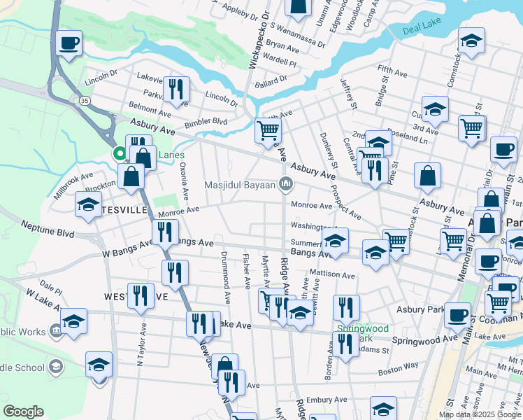 map of restaurants, bars, coffee shops, grocery stores, and more near 539 Myrtle Avenue in Neptune City