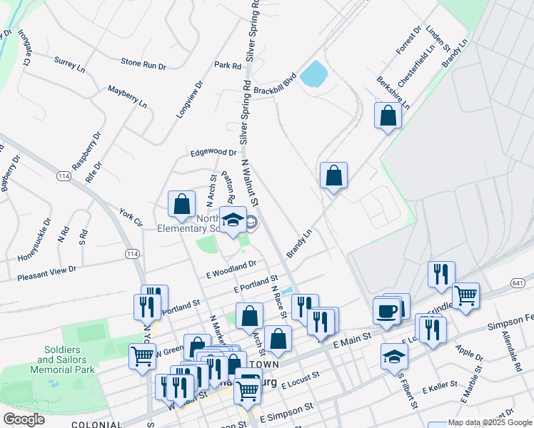 map of restaurants, bars, coffee shops, grocery stores, and more near 823 Old Silver Springs Road in Mechanicsburg