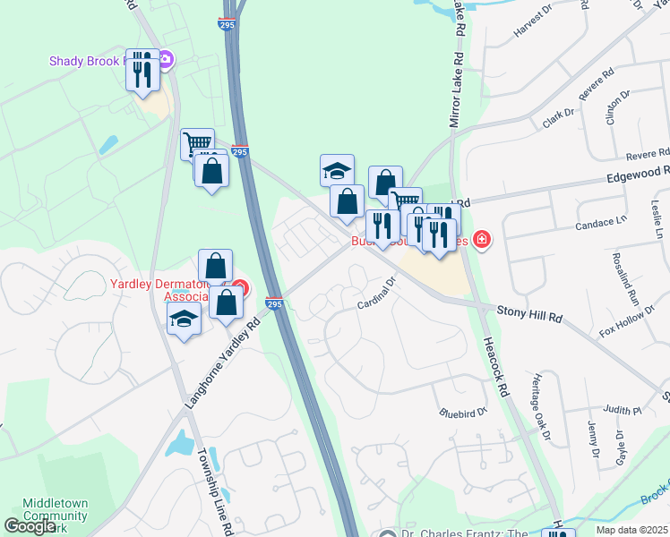map of restaurants, bars, coffee shops, grocery stores, and more near 1761 Yardley Langhorne Road in Yardley