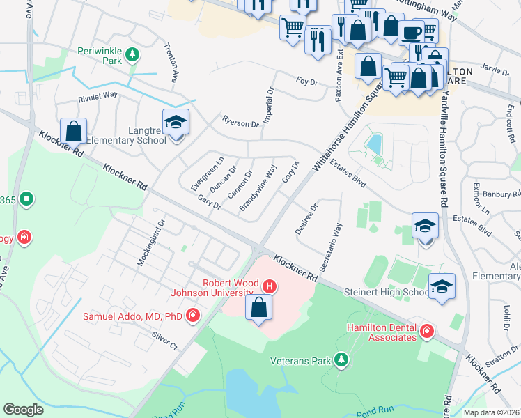 map of restaurants, bars, coffee shops, grocery stores, and more near 145 Gary Drive in Hamilton Township