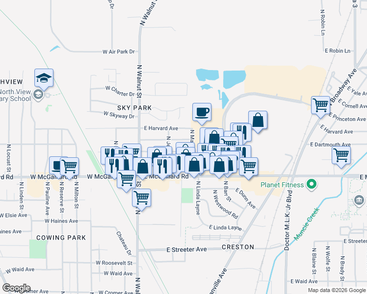 map of restaurants, bars, coffee shops, grocery stores, and more near 314 East Berkley Avenue in Muncie