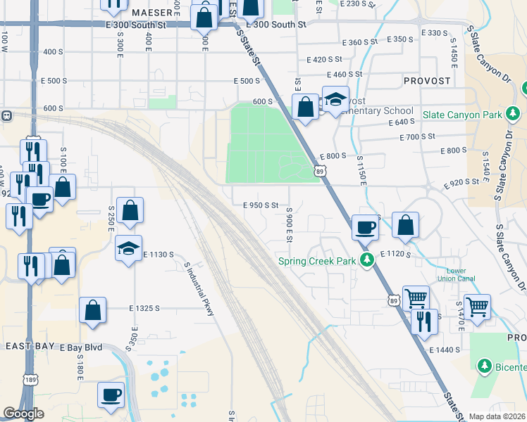 map of restaurants, bars, coffee shops, grocery stores, and more near 973 South 810 East in Provo