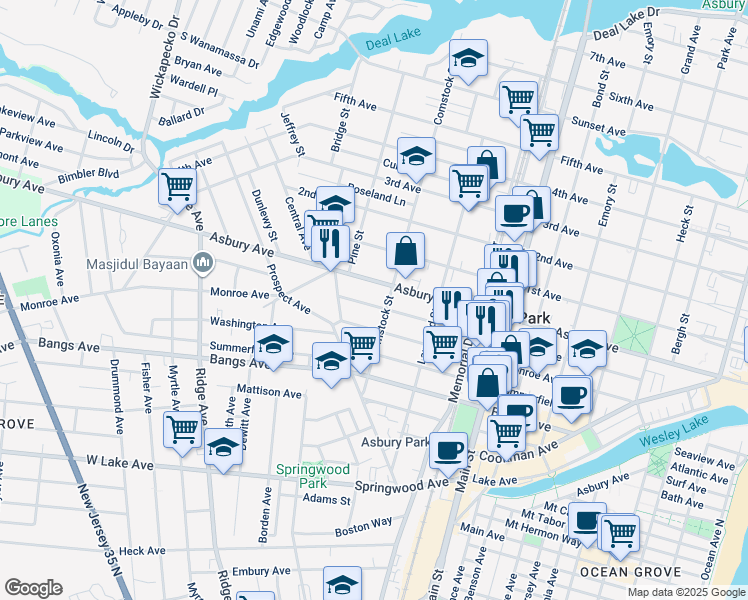map of restaurants, bars, coffee shops, grocery stores, and more near 1111 Sewall Avenue in Asbury Park