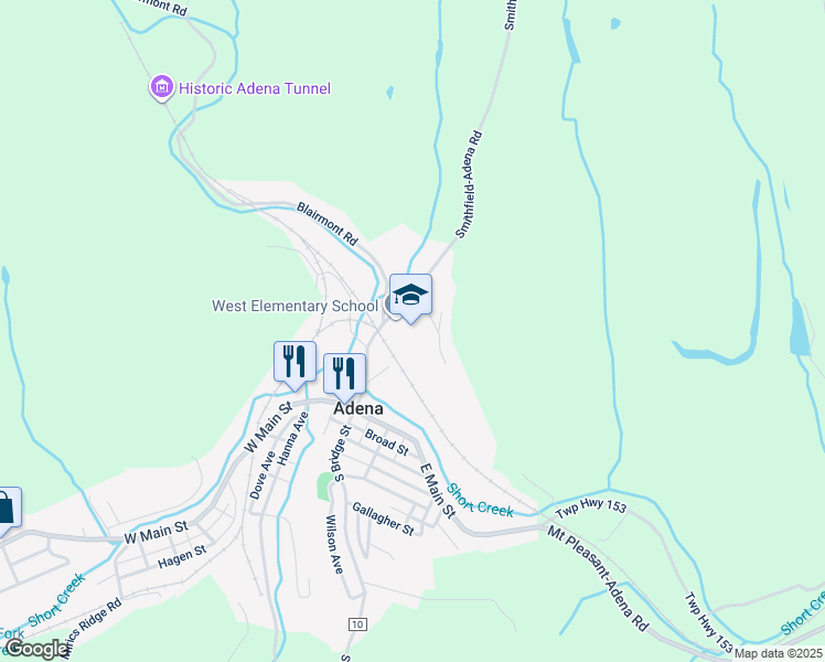 map of restaurants, bars, coffee shops, grocery stores, and more near 243 North Mill Street in Adena