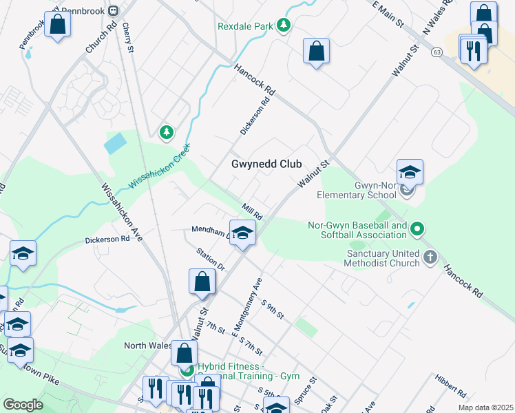 map of restaurants, bars, coffee shops, grocery stores, and more near 208 Arbour Court in North Wales
