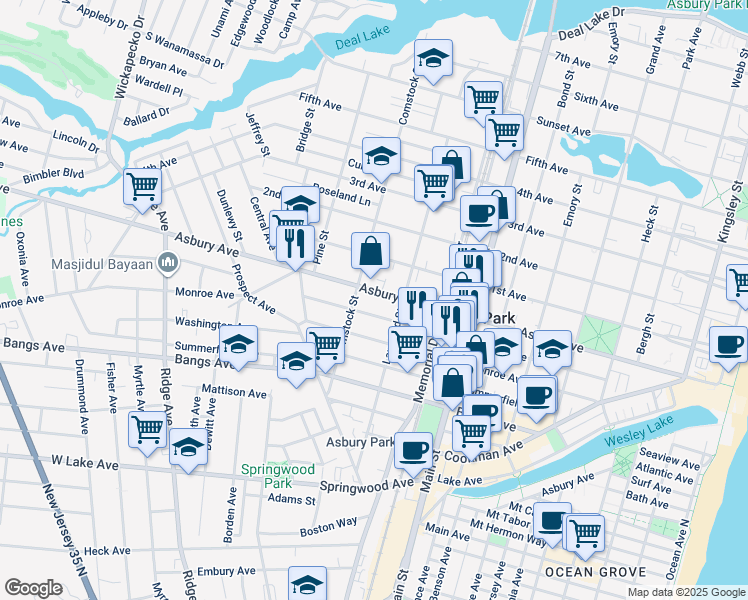 map of restaurants, bars, coffee shops, grocery stores, and more near 1012 Asbury Avenue in Asbury Park