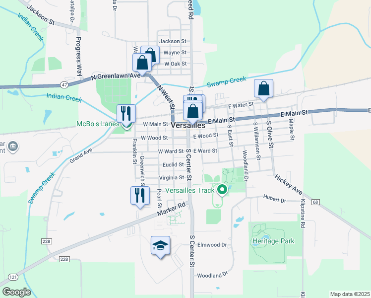 map of restaurants, bars, coffee shops, grocery stores, and more near 148 South Center Street in Versailles