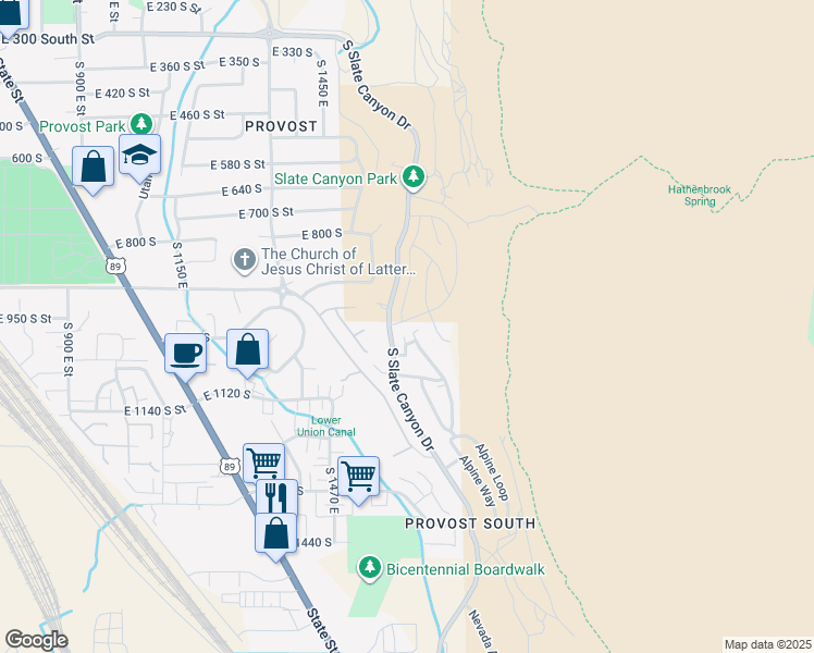 map of restaurants, bars, coffee shops, grocery stores, and more near 1620 Aspen Loop in Provo