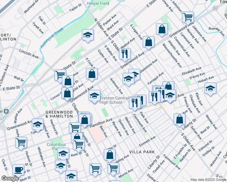 map of restaurants, bars, coffee shops, grocery stores, and more near 252 South Cook Avenue in Trenton