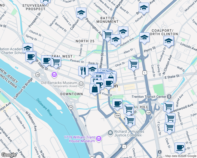 map of restaurants, bars, coffee shops, grocery stores, and more near 1 West Hanover Street in Trenton