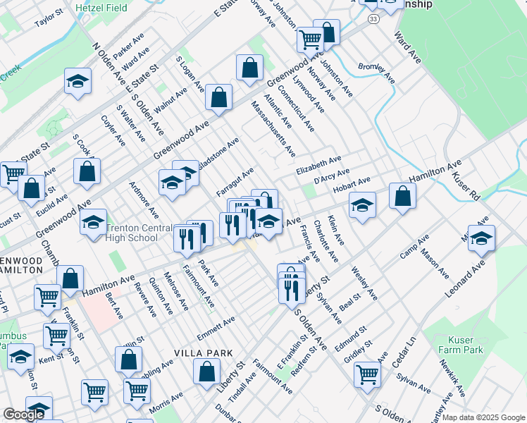 map of restaurants, bars, coffee shops, grocery stores, and more near 66 Hobart Avenue in Trenton